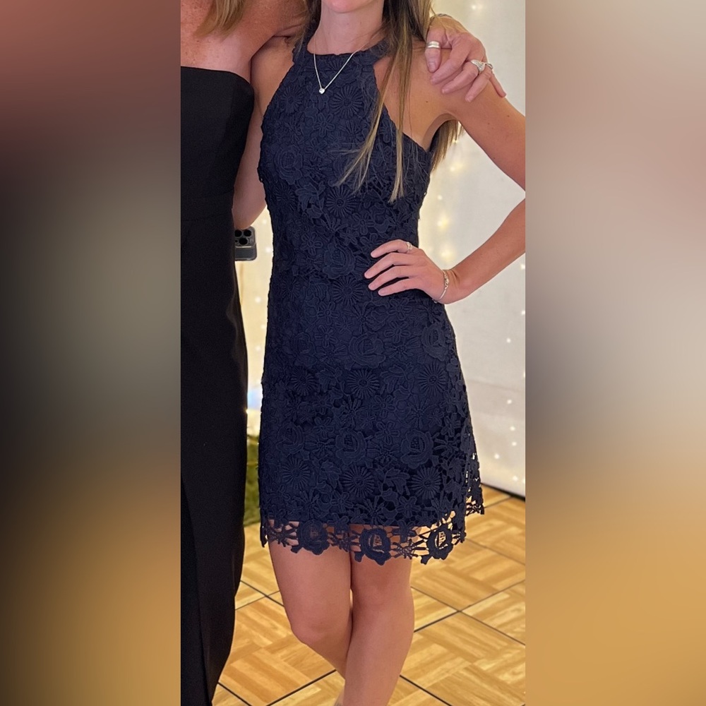 Lulu's Midnight Blue Floral Lace Mini Dress